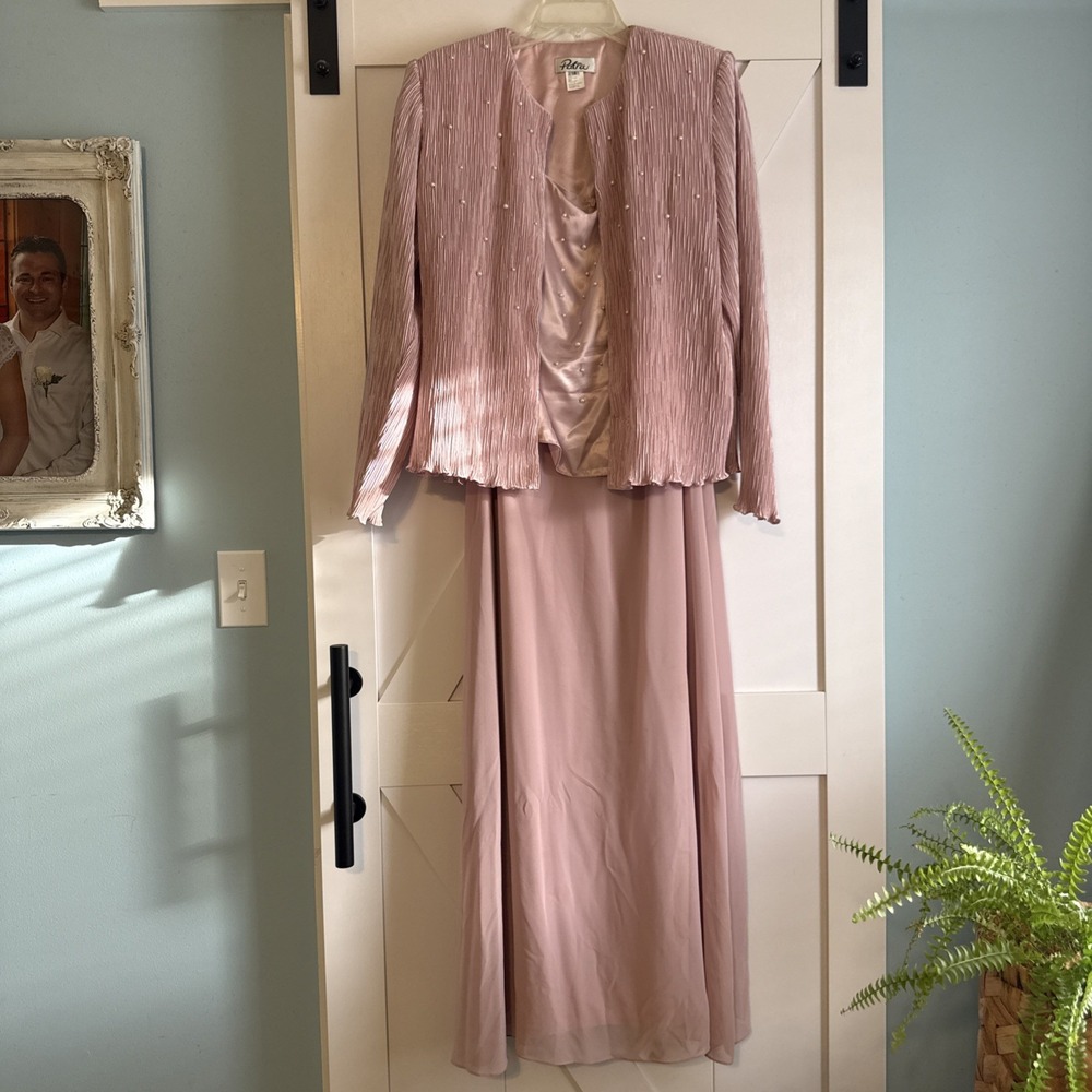 Vtg Patra Pink Crepe Pearled Jacket Tiered Tank Dress MOB Formal Wedding Sz 14